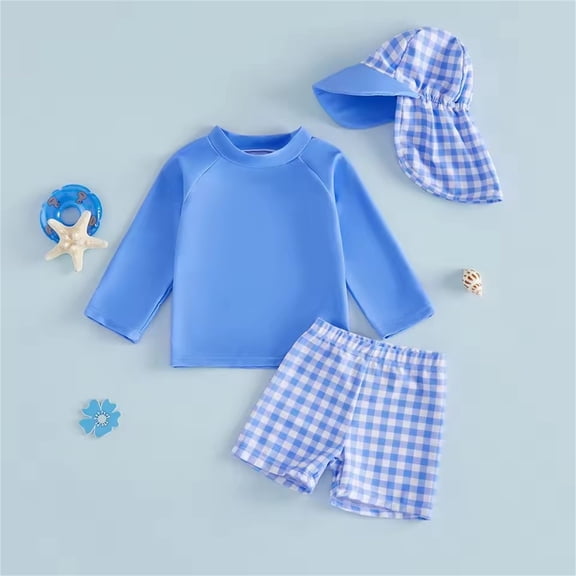 FAOWME Toddler Baby Boys Swimwear 3 Piece Long Sleeve Round Neck Top And Plaid Print Swim Shorts Hat Comfortable Stylish Swimsuit Sets For Beach Pool,Blue,6-12 Months