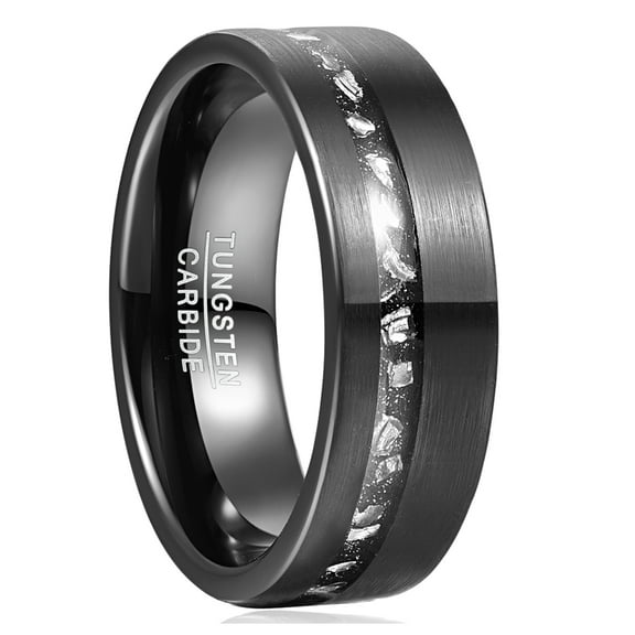 Vakki 8mm Black Men's Tungsten Carbide Brushed Sand Inlaid Gibeon Meteorite Shard Ring Size 7-12