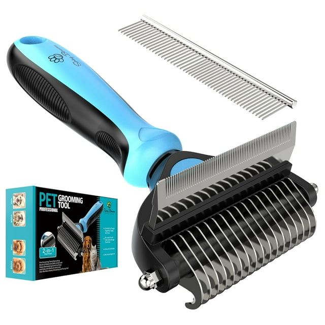 2 in 1 Professional Grooming Rake for Cats & Dogs-Dematting Comb for Easy Mats & Tangles Removing,Hair Removal Cleaner for Pets(Blue)