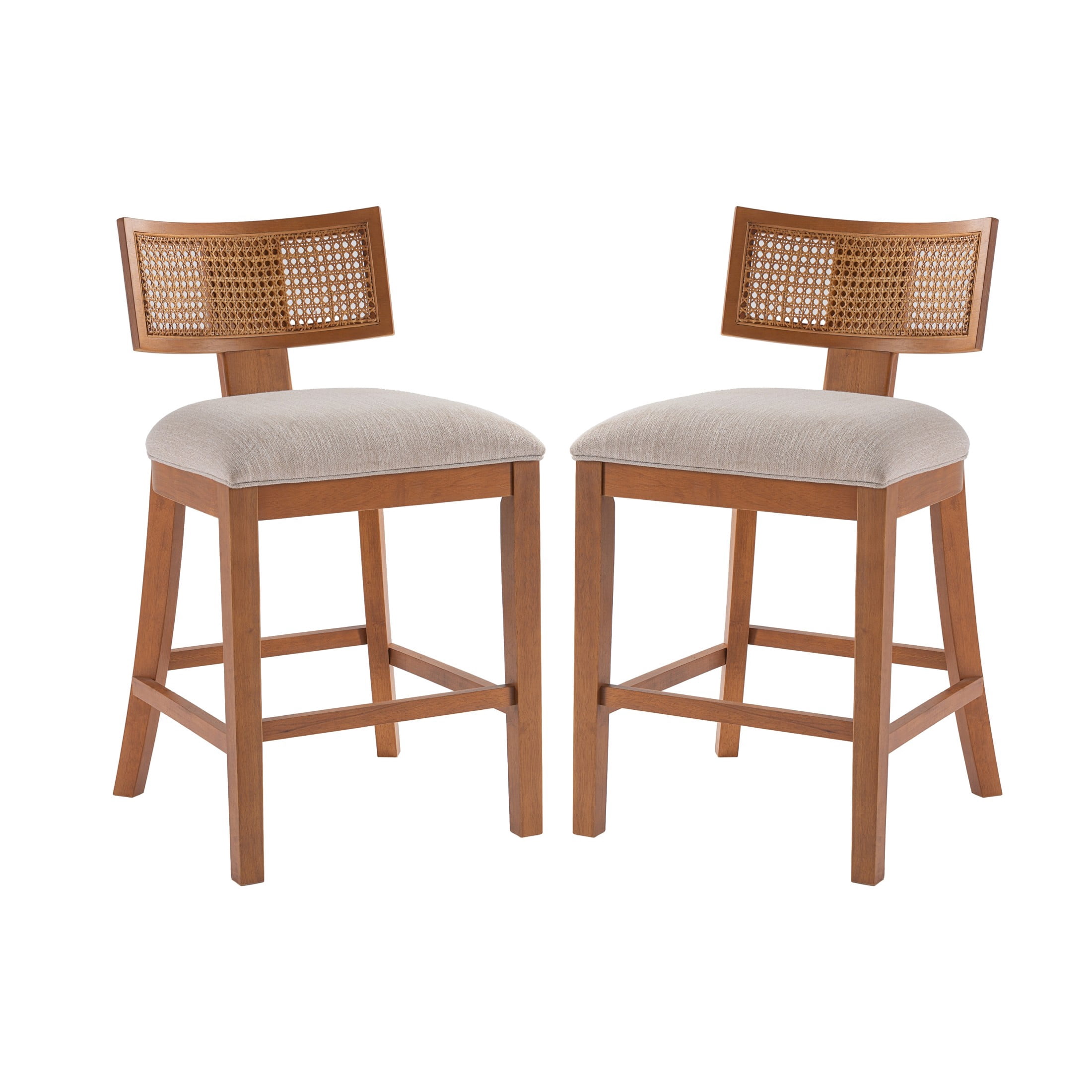 Christopher Knight Home Wood Armless Counter Stools, Upholstered Seat with Rattan Back, Walnut, Set of 2