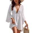 thumbnail image 1 of Vestido corto para mujer, cuello en V profundo, empalme de malla, dobladillo irregular, mangas largas acampanadas, vestido de verano blanco S, 1 of 5