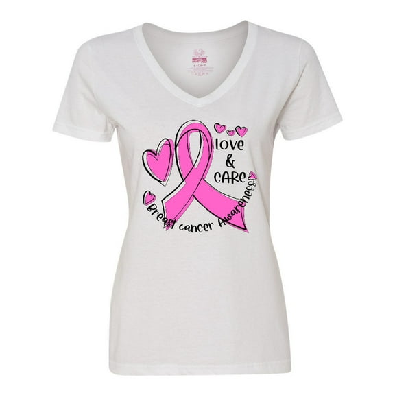 Inktastic Love, Care, Cure Breast Cancer Awareness Pink Ribbon Women's V-Neck T-Shirt