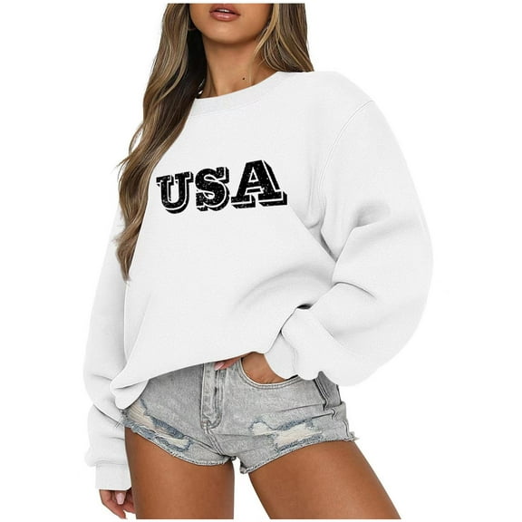 Women's Crewneck Sweatshirt USA Flag Letter Print Long Sleeve Loose Casual Drop Shoulder Pullover Graphic Tops (X-Large, White 03)