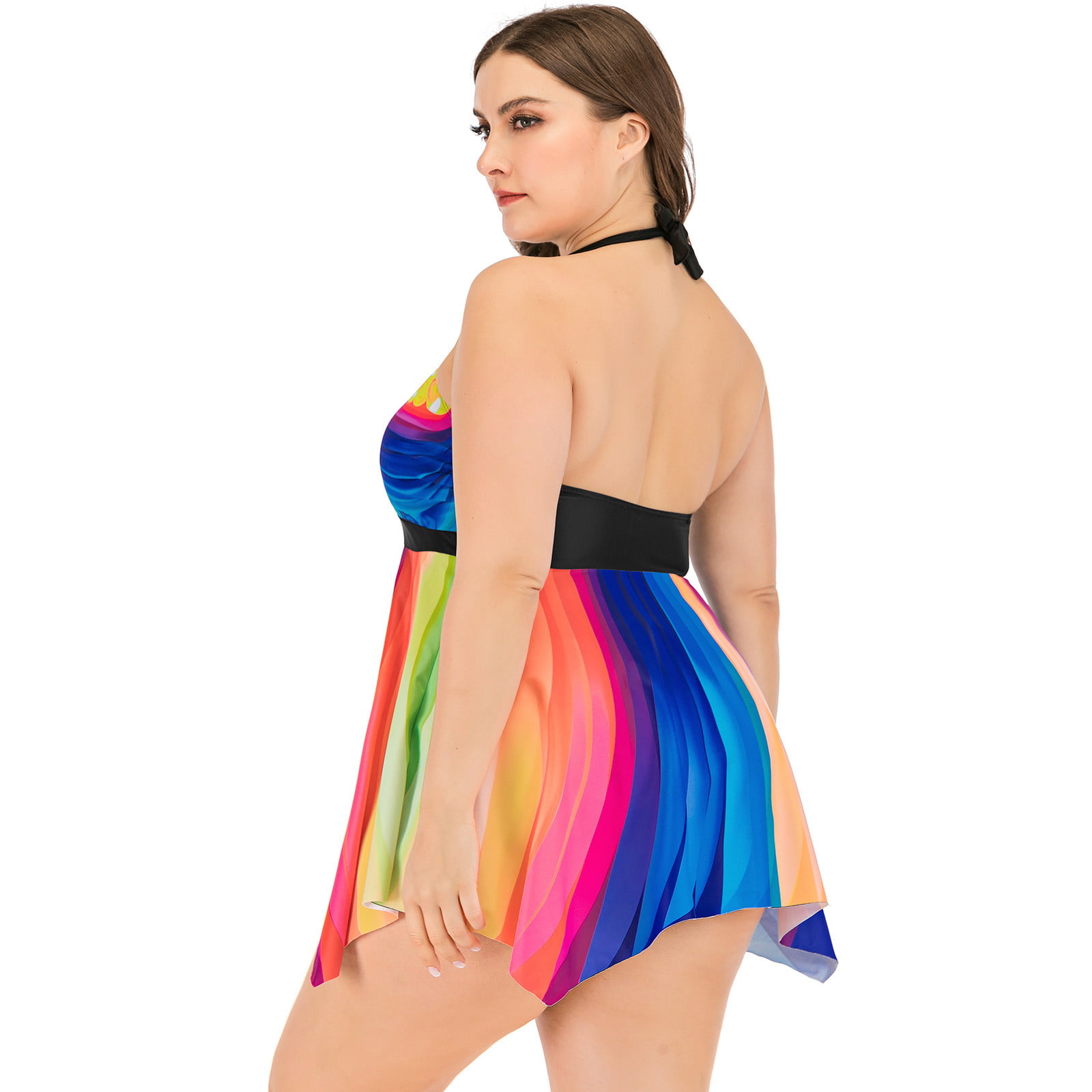 ZQGJB Plus Size Swim Dress for Women Colorful Striped Print Tummy Control  Bathing Suit with Boyshorts Two Piece Tankini Swimsuits Multicolor,3XL 