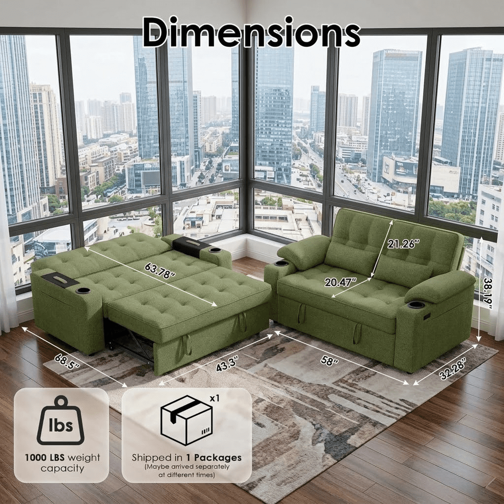 Howcool 58'' Convertible Sofa Bed with Pull-Out Bed, 3-in-1 Loveseat Sleeper Sofa, Adjustable Backrest, USB Port, Cup Holders and Side Pocket, Sofa Couch for Living Room,Green