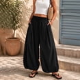 thumbnail image 3 of Wide Leg Pants for Women BWASD Casual Cotton Linen Elastic Waist Baggy Bloomers Pants Large Size Pocket Palazzo Trousers Fashion Beach Vacation 2031 Trendy (Black,L), 3 of 8