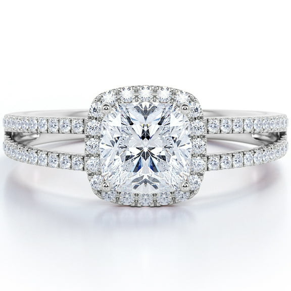 JeenMata 1.25 Carat Cushion Cut Moissanite - Halo - Split Shank Engagement Ring - 18K White Gold Plating Over Silver