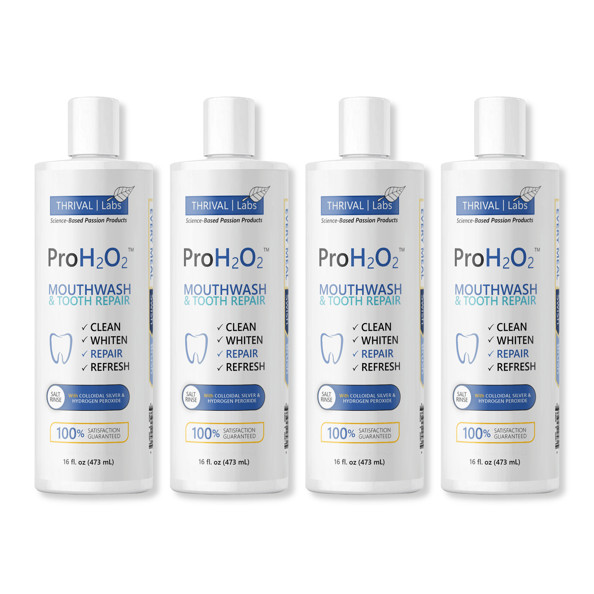 ProH2O2 Natural Mouthwash, Salt Swish, & Tooth Repair by Thrival Labs, Press Top Dispensing, Family 4-Pack