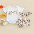 thumbnail image 2 of Ensemble de Vêtements de Récolte pour Bébé, Manches Courtes, Barboteuse à Imprimé Citrouille/lettre + Short Triangle à Imprimé + Bandeau à Nœud, 2 of 8