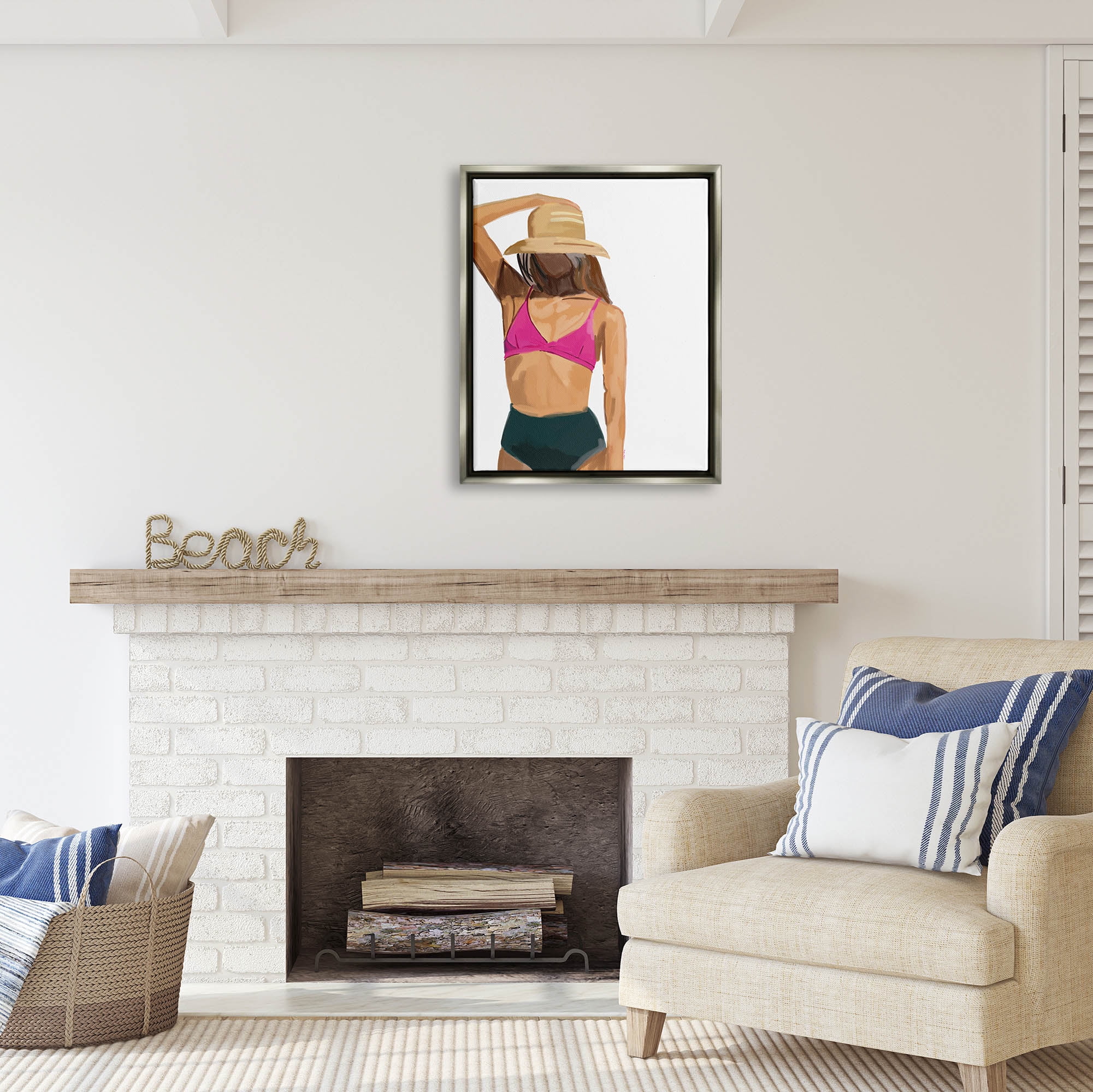 Stupell Industries Summer Beach Girl In Sun Hat Coastal Painting Gray Floater Framed Art Print Wall Art