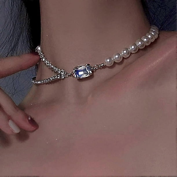 Gargantilla de perlas y diamantes de imitación, collar con colgante de cristal plateado, collar corto de cadena, joyería minimalista para el cuello para mujeres y niñas (A-Double Rhineston)