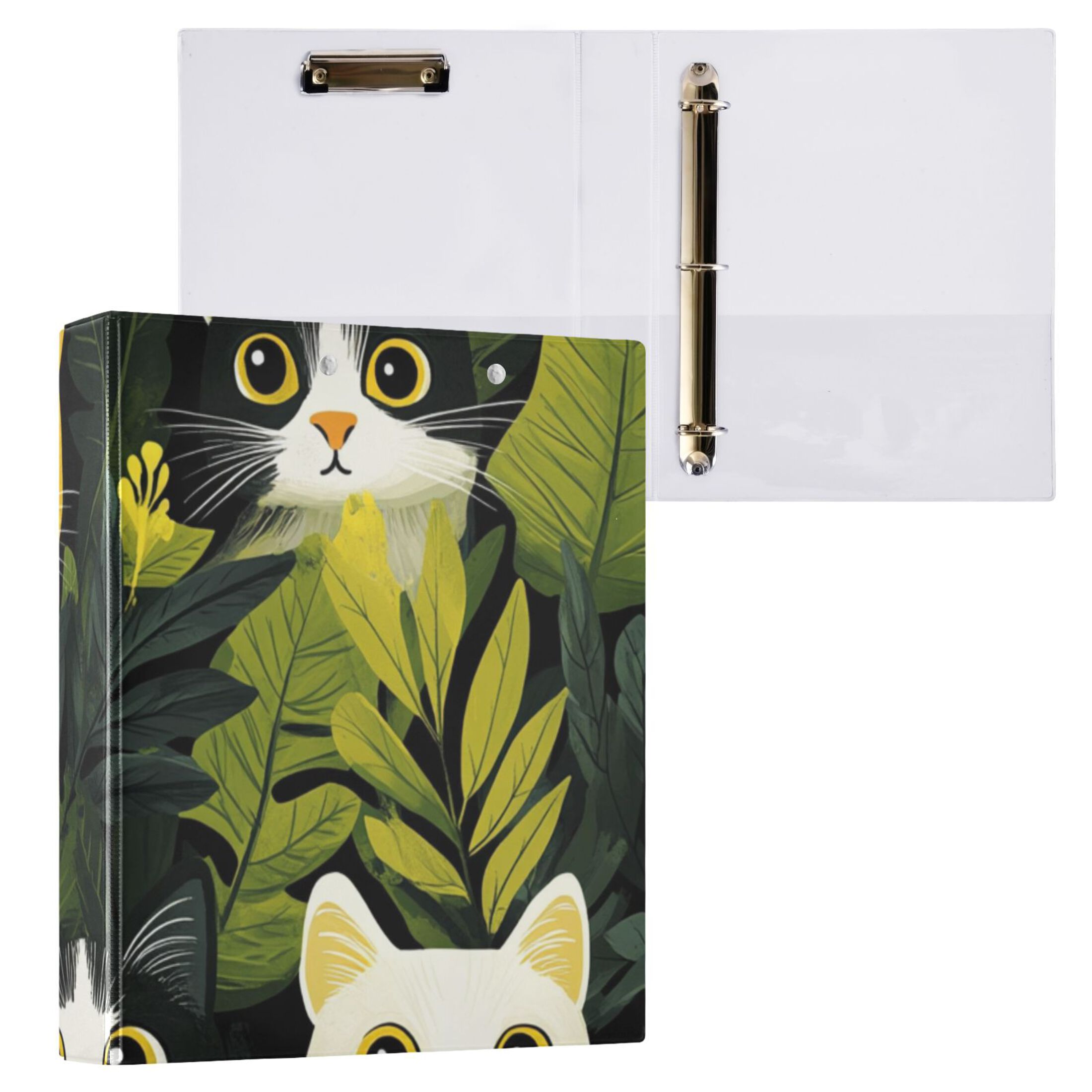 Leaves and Cats 3 Ring Binders 1.5 inch Hardcover File Folders with Interior Pockets A4 Size Organizer for School Office Hospital