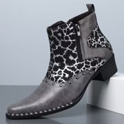 Men's Western Vintage Style Ankle Boots, Pointed Toe Cowboy Boots with Leopard Print, Floral Print Side-Zip Boots, Block Heel Dress Boots for Men