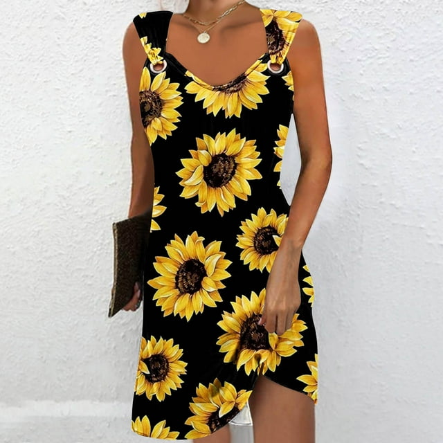 Fankiway Robe à Bretelles Sans Manches Imprimée Col Rond Décontractée Robes de Plage Grande Taille Robes de Plage pour Femmes