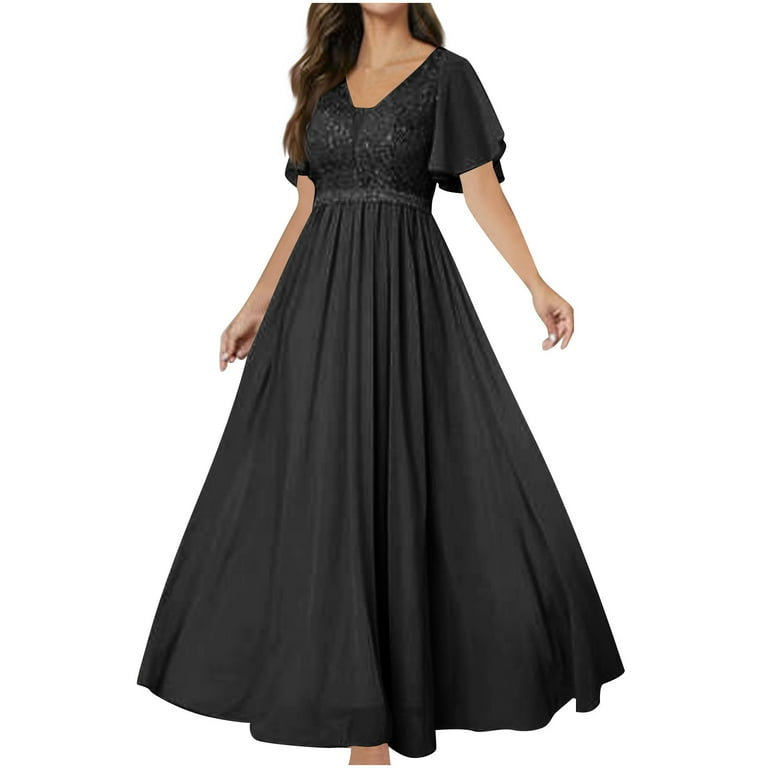 Cavosen V Neck Dresses for Women Wedding Black Mesh Elegant Short Sleeve  A-Line Long Dress Solid Floor Length Maxi Dress Flowy Homecoming Bodycon  Wrap Party Dress Evening Prom - Walmart.com