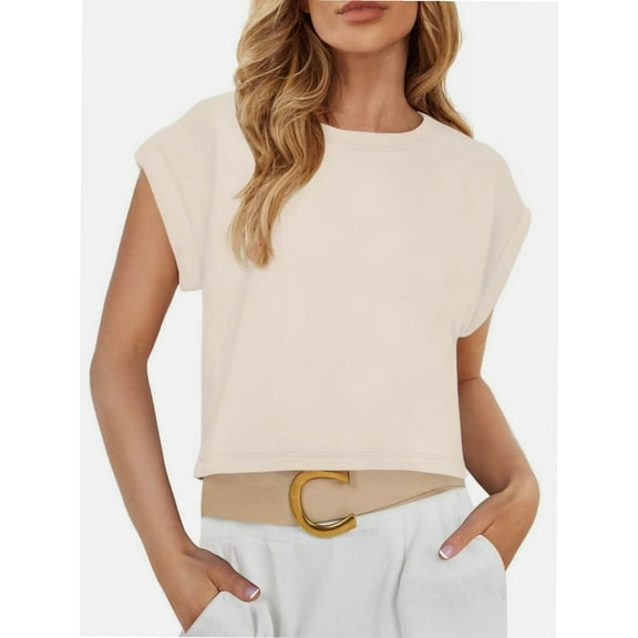 Womens Short Sleeve T-Shirts Round Neck Rolled Dolman Sleeve Tops Solid Casual Cropped Tees