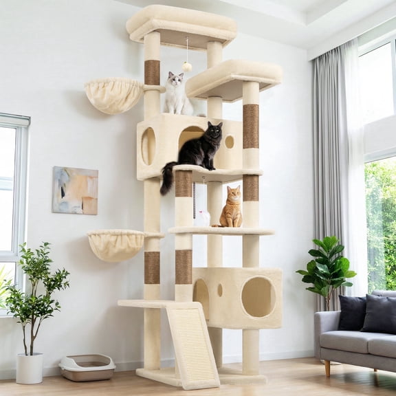 Globlazer 77Inch Cat Tree for Large Cats, Multi-Level Cat Tower with Sisal Scratching Posts, 2 Condos & Hammocks, Sturdy Cat Tree Tower for Multiple Indoor Cats, Maine Coon & Ragdoll, S77, Beige
