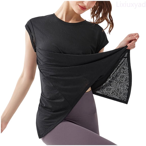 Lixiuxyad Women's Hip Covering Quick Drying Sports Top Sweat Absorbing Short Sleeved Yoga Suit Loose Yoga Cover Up Womens Summer T Shirts,Black L