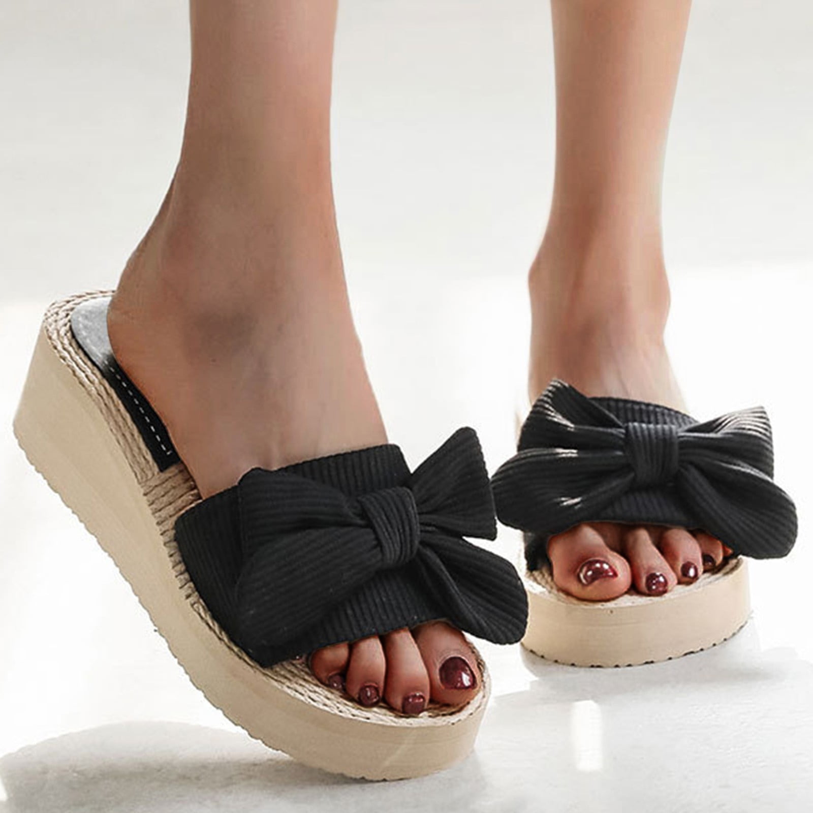 fodspor meddelelse Mainstream Women'S Slippers Fashion Spring And Summer Casual Bow Sandals Beach Wedge  Slippers Shoes For Women Cloth Black 39 - Walmart.com