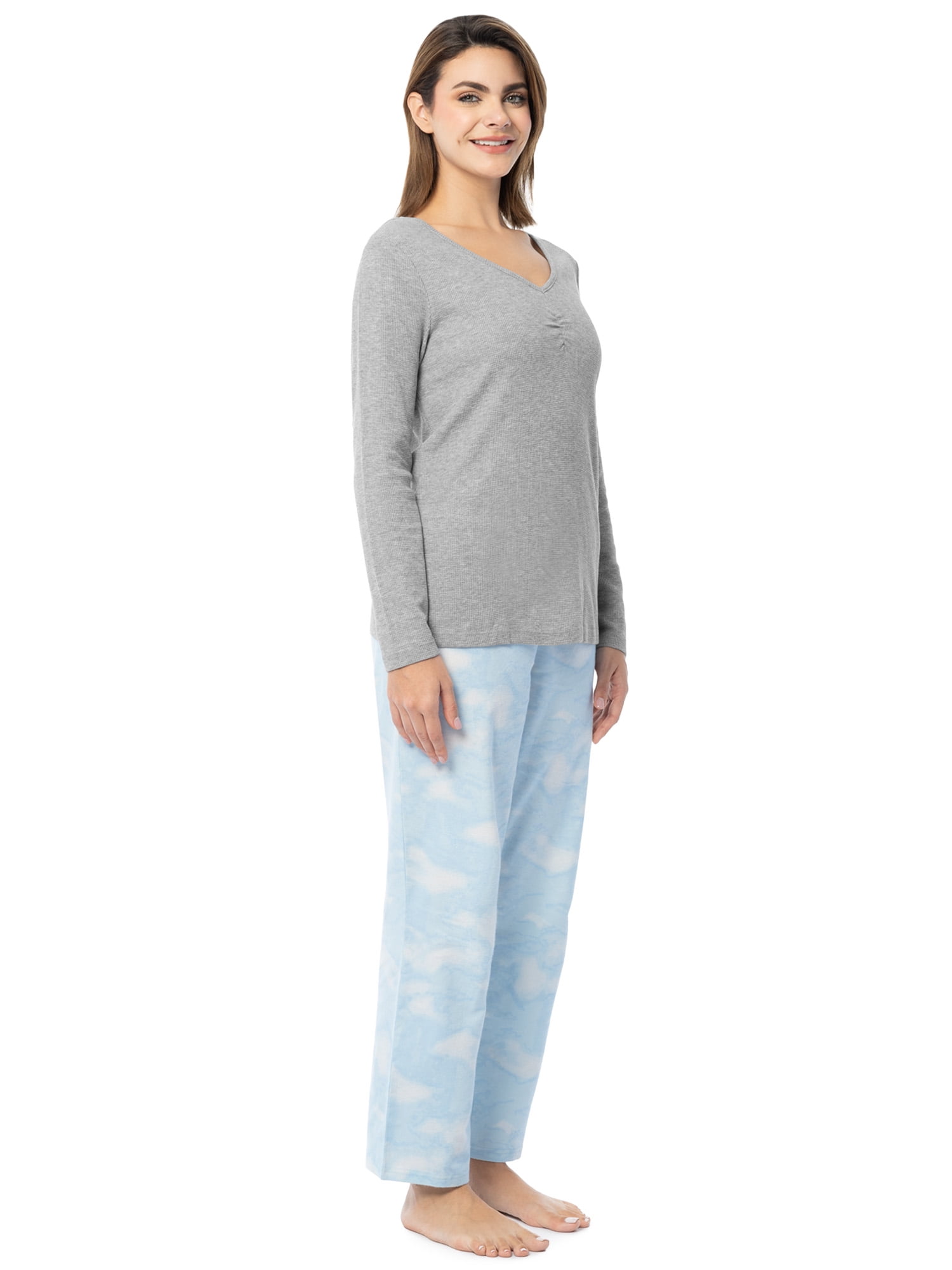Fruit of the Loom Women's Beyond Soft Long Sleeve Waffle Top and Flannel Bottom Pajama Set, Sizes S-4X