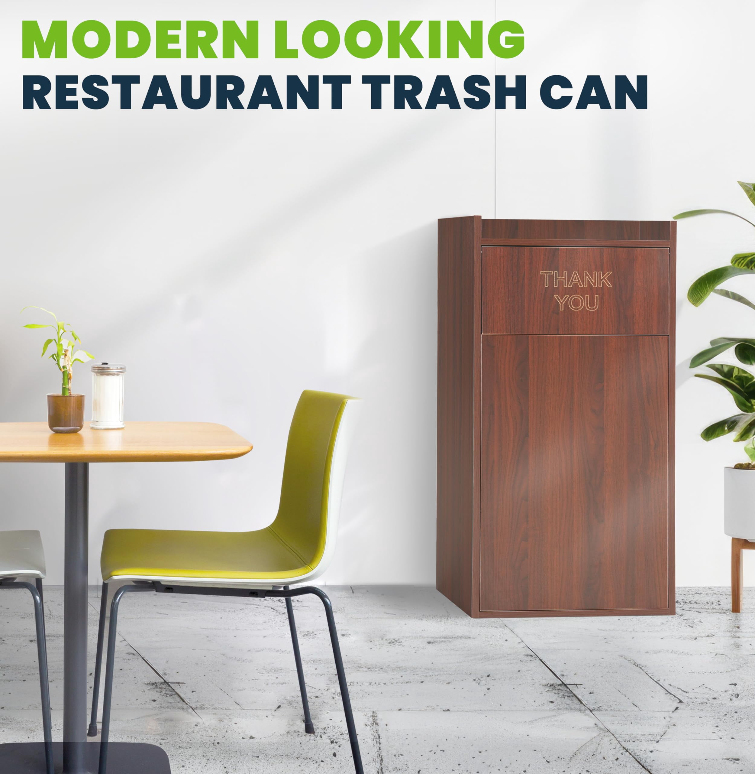Alpine Restaurant Trash Can Cabinet - Thank You Trash Can Commercial Trash Can 40 Gallon, Garbage Receptacle with Tray Holder for Restaurants, Cafeterias (Mahogany)