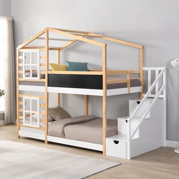 Harper & Bright Designs Twin Size House Bunk Bed with Storage Ladder, Twin Over Twin Floor Bunk Bed Frame with Roof Windows and Blackboard, White Natural