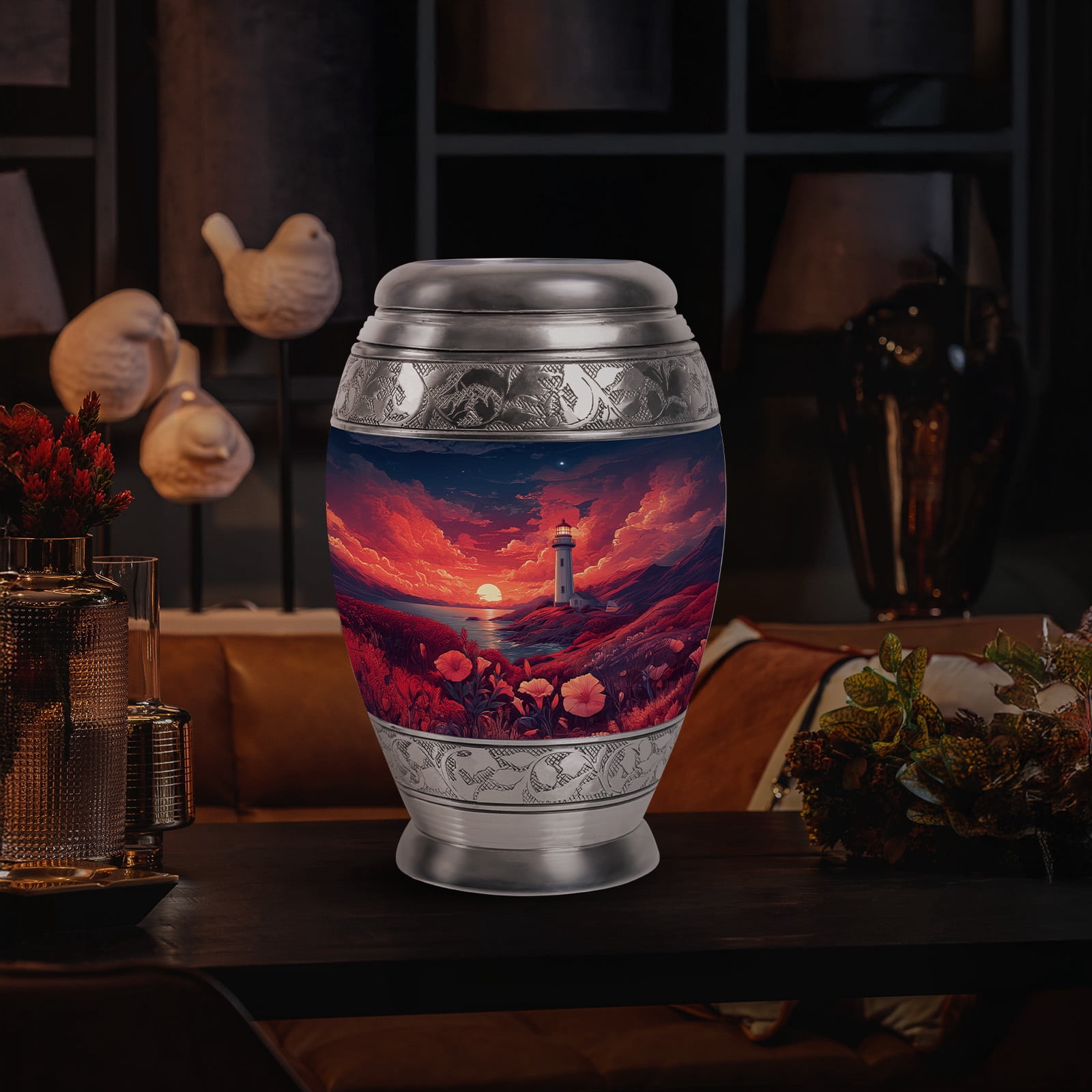 Yatskia Sunset Lighthouse Small Cremation Urns for Human Ashes Adult Men and Women, Large Memorial Urn for Ashes Adult, (Monar 10 Inch and 3 Inch)