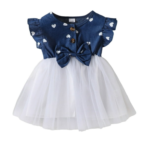 Bearichfupo Toddler Girls Fly Sleeve Heart Prints Denim Tulle Dress Dance Party Dresses Clothes, Sizes 9-12 Months