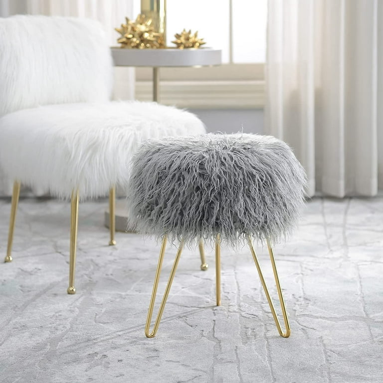 Comfortland Faux Fur Vanity Stool for Vanity Desk Round Fuzzy