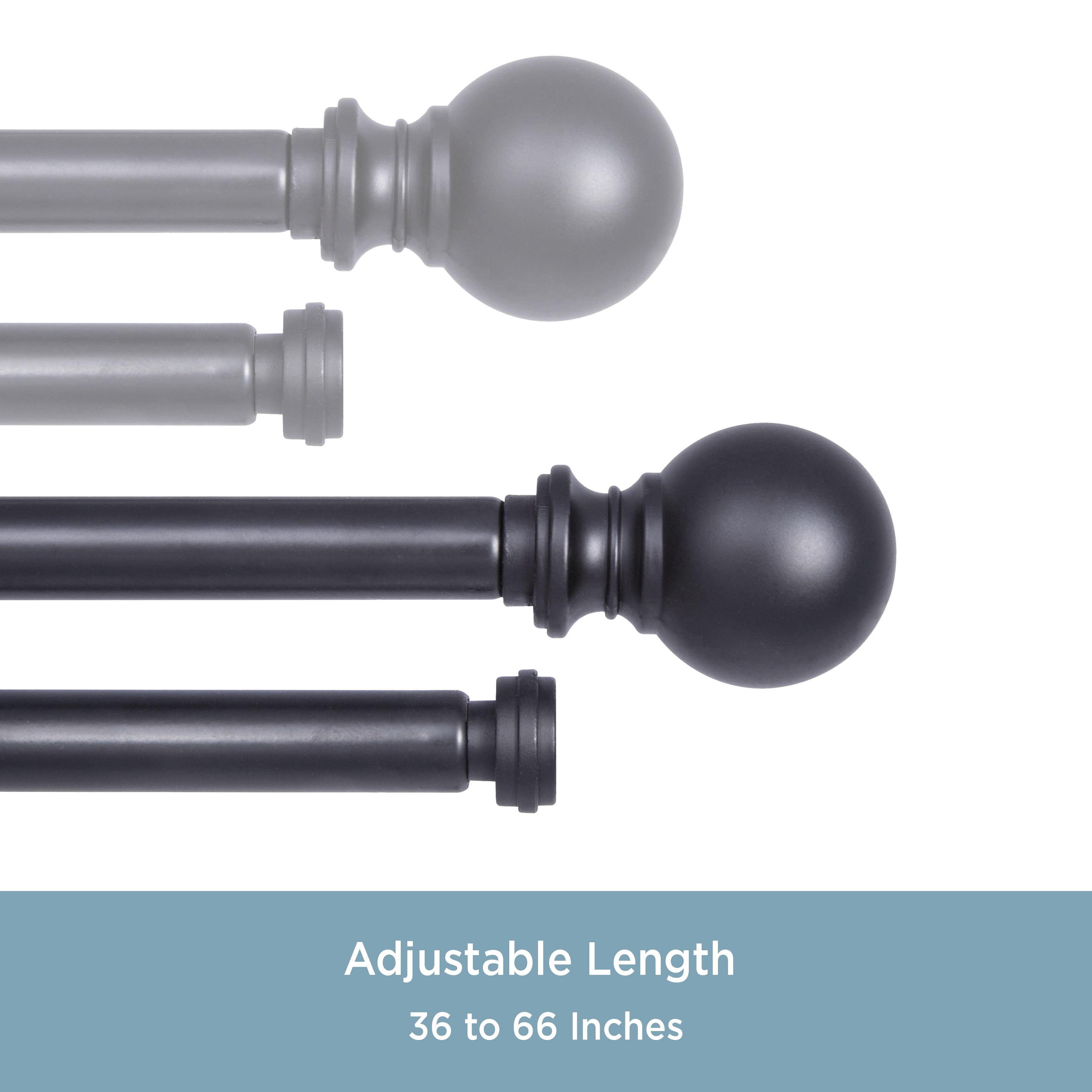 Kenney Wakefield Standard Steel Decorative Window Double Curtain Rod, 36-66" Adjustable Length, 5/8" Dia., Black