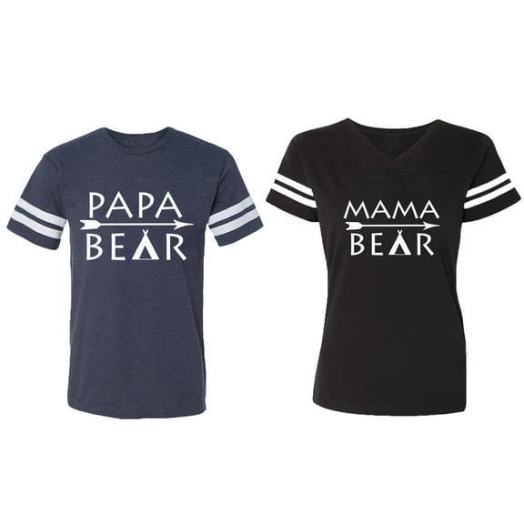 Papa Mama Bear Matching Couple Cotton Jerseys (Men Navy / Women Black) (Men S / Women S)