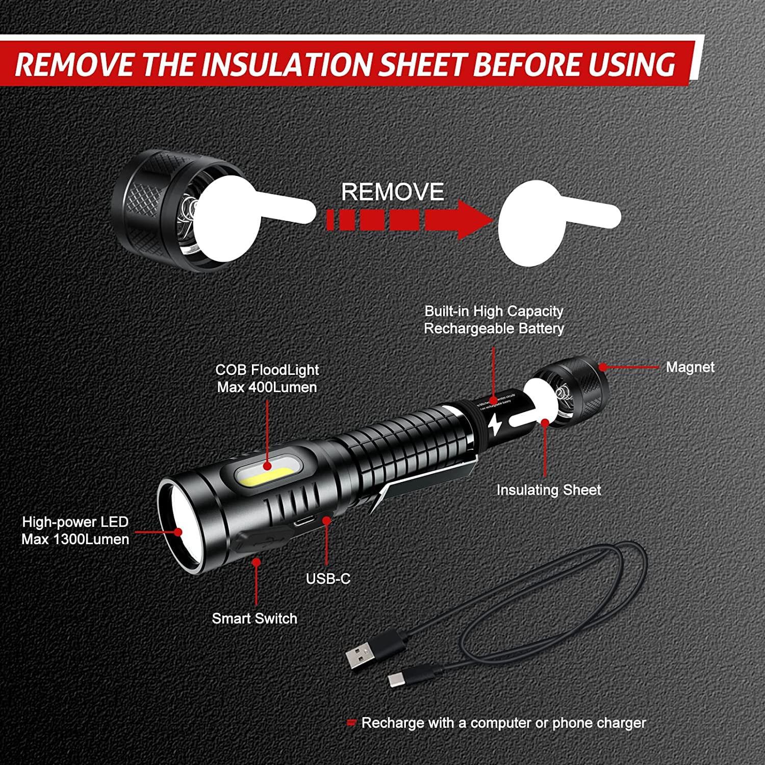 Flashlight, Rechargeable Magnetic LED Flashlight High Powered 1300 Lumens,Tactical LED Light Torch COB Work Light,9 Modes,IP67 Outdoor Gear A7