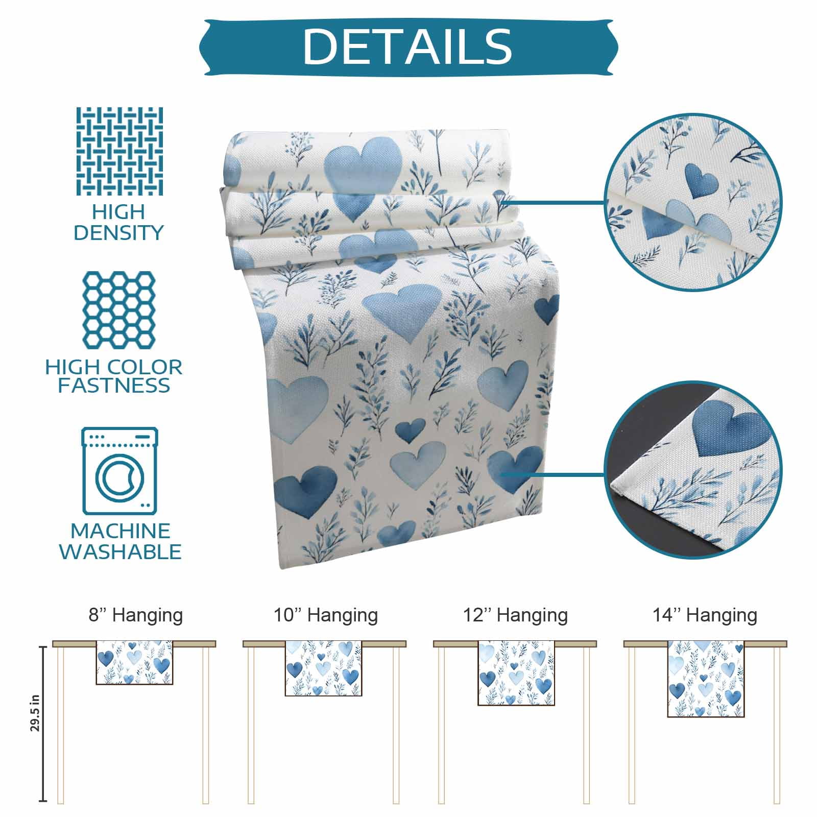 Valentine's Day Table Runner, Watercolor Blue Love Heart Leaf Washable Kitchen Table Runners Dress Scarves for Dining Table Decorations Party, 13x108in