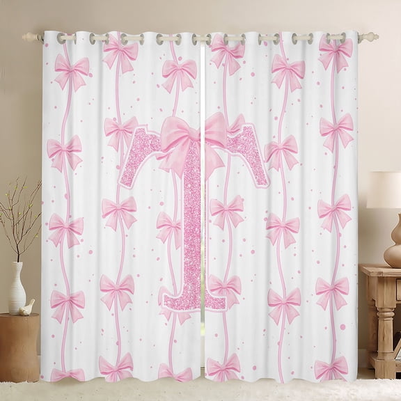 Manfei Monogrammed T Theme Black Out Curtains,Ribbon Bow Tie Curtains Pack of 2 (42x63 Each),Pink Sequin Print Bedroom Curtains For Girl Teens,Ultra Soft Bedroom Decor