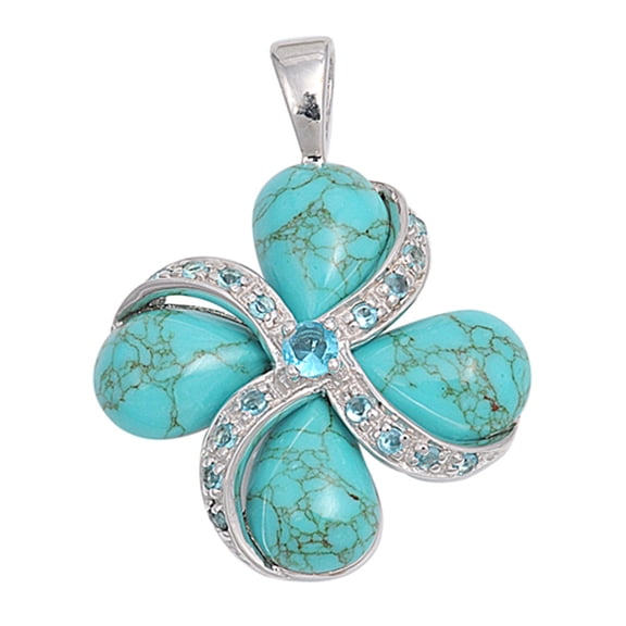 Sterling Silver Detailed Filigree Swirl Plumeria Simulated Turquoise Pendant Jewelry Female Unisex
