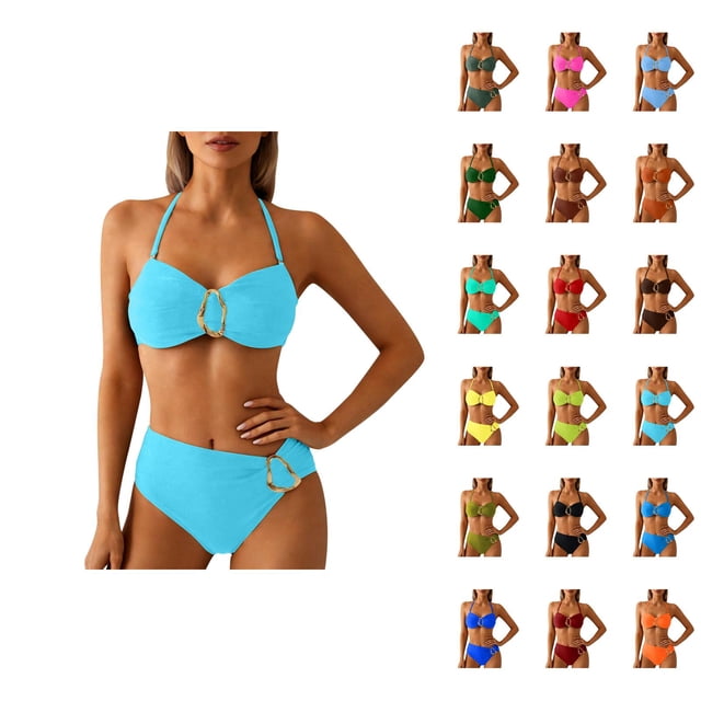 Bikinis for Women 2026 Fashionable Metal Buckle Adjustable Straps Top with High Waisted Bottom Two Piece Bathing Suits Woman