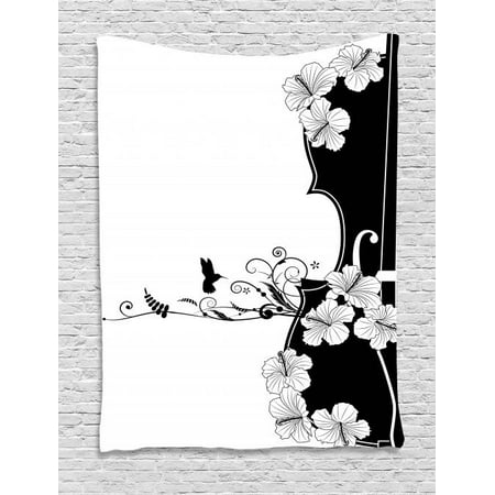 - Art Nouveau Tapestry, Flower Musical Composition with Bird Scrolled Lily Petals Nature Growth, Wall Hanging for Bedroom Living Room Dorm Decor, 40W X 60L Inches, Black and White, by Ambesonne