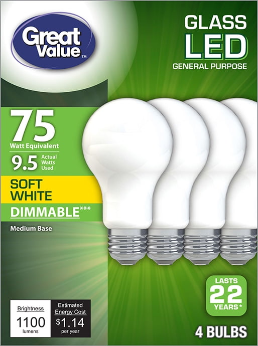 Great Value A19 Frosted General Purpose LED Light Bulb, 75W Replacement, Soft White, 4-Pack