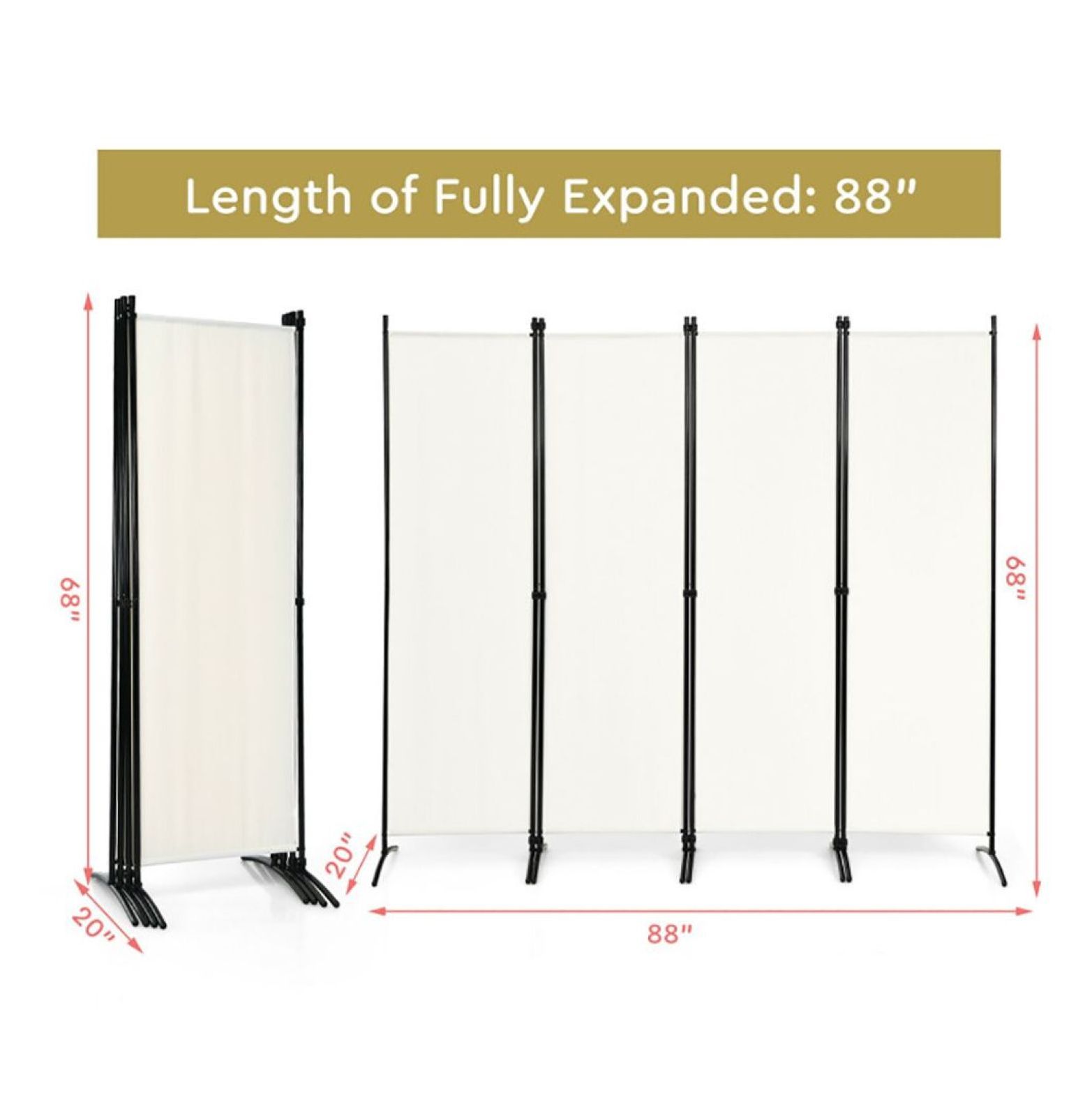 Yunken 4-Panel Folding Privacy Screen with Lockable Wheels, 5.6 Ft Tall Portable Room Divider for Home & Office