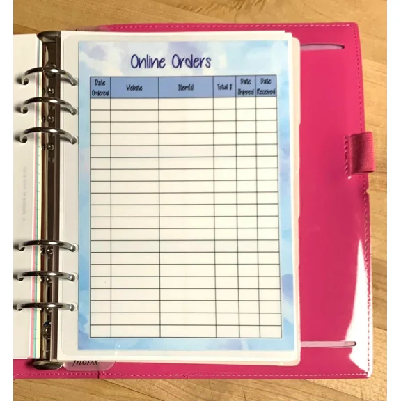 Online Shopping Order Tracker Two Sided Dashboard For Use With Filofax A5