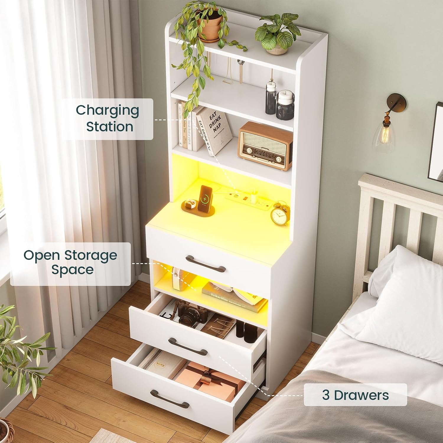 AOGLLATI Tall Modern Nightstand with Charging Station and LED Lights, 3 Drawers, Storage Shelves