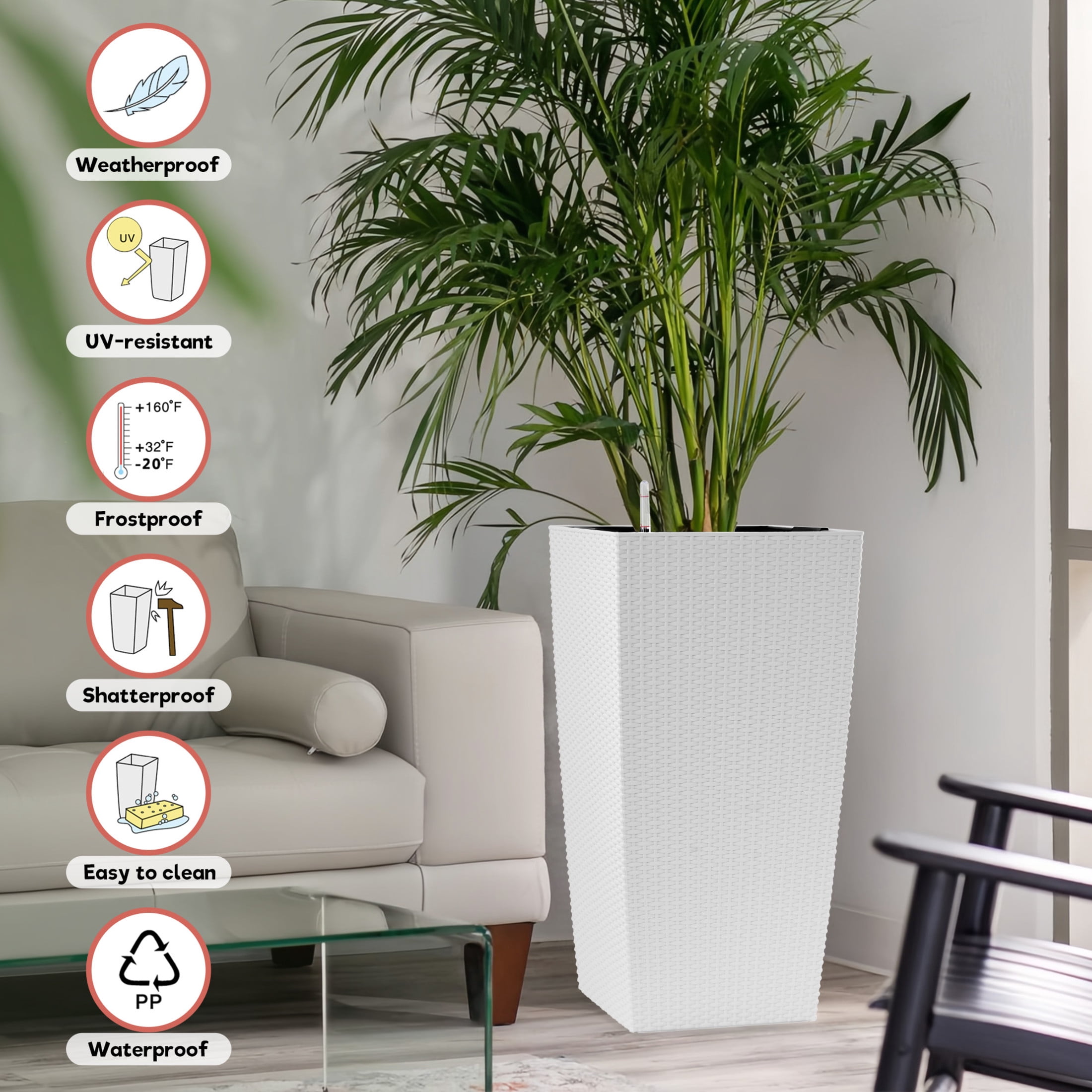 Noble House 30" Tall Self-Watering Planter, Large Indoor Outdoor Flower Pot with Water Level Monitor, White