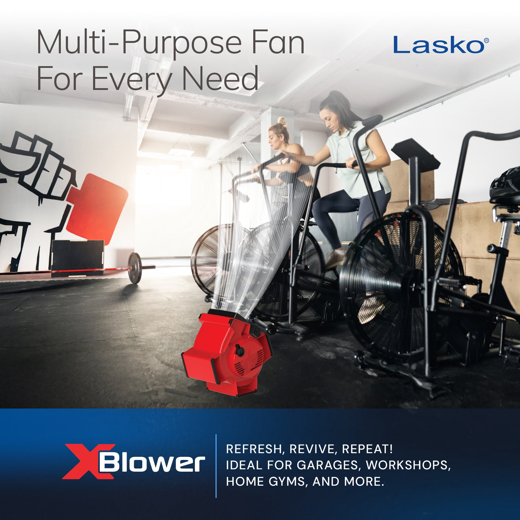 Lasko X-Blower 11" High Velocity Utility Blower Fan with USB Ports and Built-In Outlet for Cooling and Drying, Red, X12900