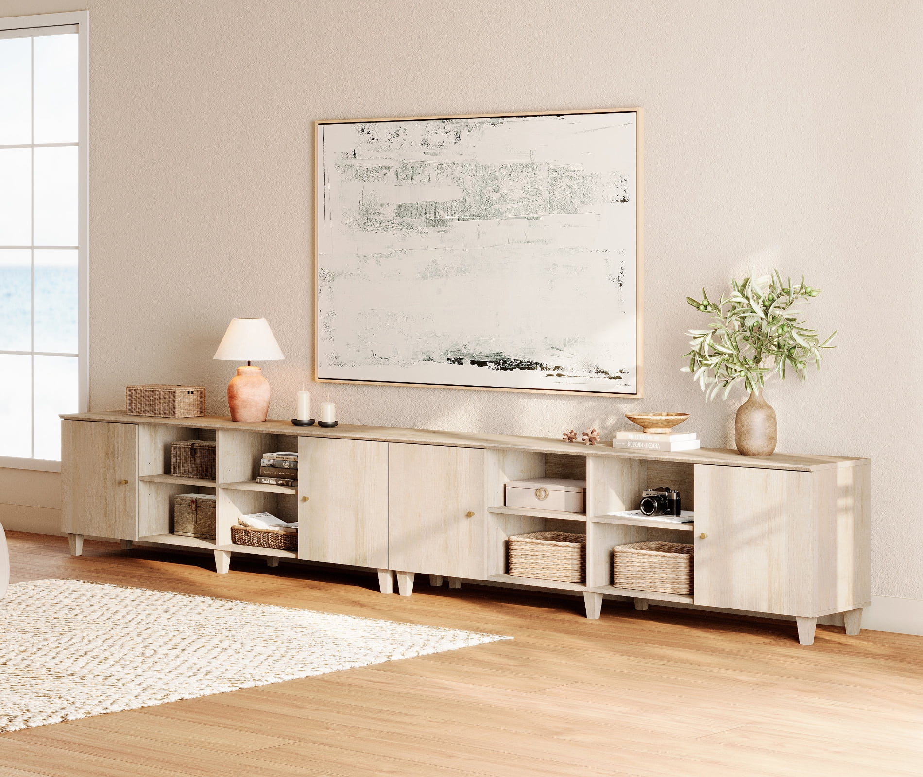 2-in-1 TV Stand Cabinets for 100+ Inches TVs, Modern Farmhouse Wood Entertainment Center with Door, Light Oak