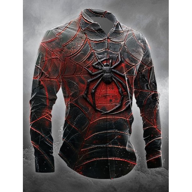 Camisa de manga larga con botones para hombre, color negro, para Halloween, para fiestas de finales de otoño y primavera, cuello con botones, estampado 3D, rojo, azul, morado y verde