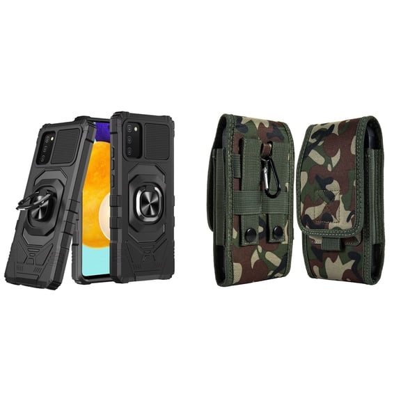 Case with Belt Holster Bundle for Samsung Galaxy A03s: Heavy Duty Series Protection Cover (Black) and Vertical Rugged Nylon Phone Pouch (Green Camo)