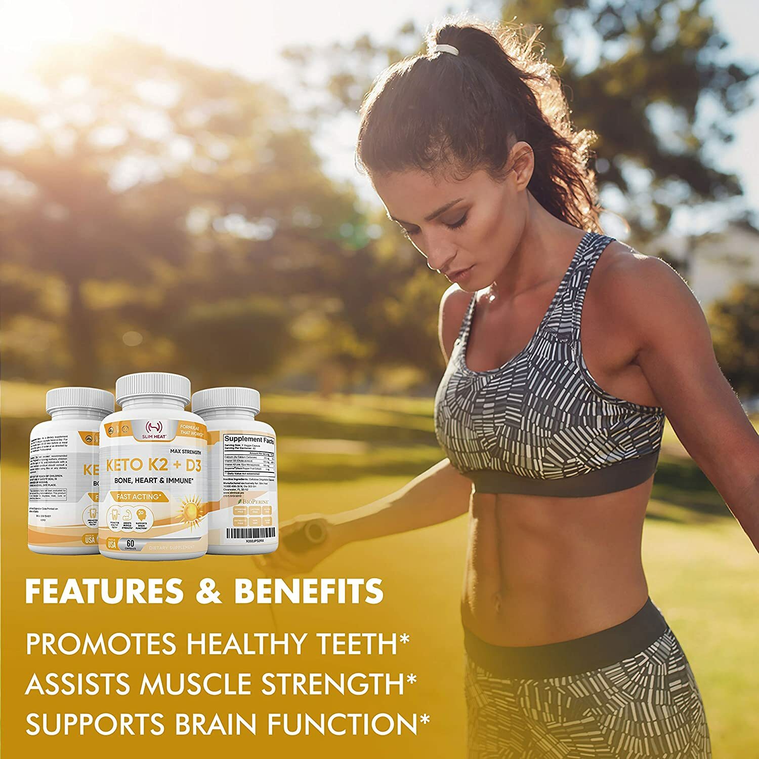 Slim Heat Keto K2 + D3 Supplement, Vitamin D3 5000 IU & K2 100mcg with Calcium & Bioperine, Bone, Heart & Immune Support - All Natural, Non-GMO, 30 Day Supply, Made in USA