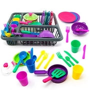 Big Mo's Toys Pretend Play Dishes Playset – Little Chef Set, plats de service pour enfants – Tasses, couverts, louche, vaisselle, casseroles et égouttoir, lot de 28