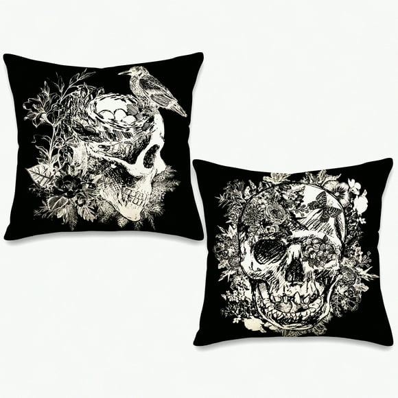 Gothic Floral Skull Crow Raven Pillow Covers Set - All Saints Day Decorations Fall Pillows - Decorative Pillowcases 18x18 Inch Outdoor Cushion Case for Couch in Black