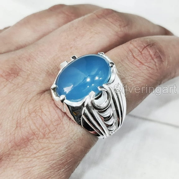 Blue Chalcedony Mans Ring, Natural Blue Chalcedony, Ring, Silver Jewelry, 925 Silver Ring, Gift, Heavy Mens Ring, Arabic Design, Ottoman Style Ring, Christmas, Turkey Mens Signet Ring
